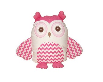 Chevron owl pillow,  stuffed toy, animal doll, cuddly and cutie bird, gift for children and adults, white and pink unique