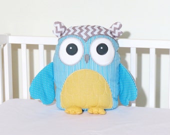 Stuffed Owl Pillow,  Custom  Owl,  Gender Neutral Owl, Accent Pillow, Gray Chevron, Aqua Blue, Custard Yellow