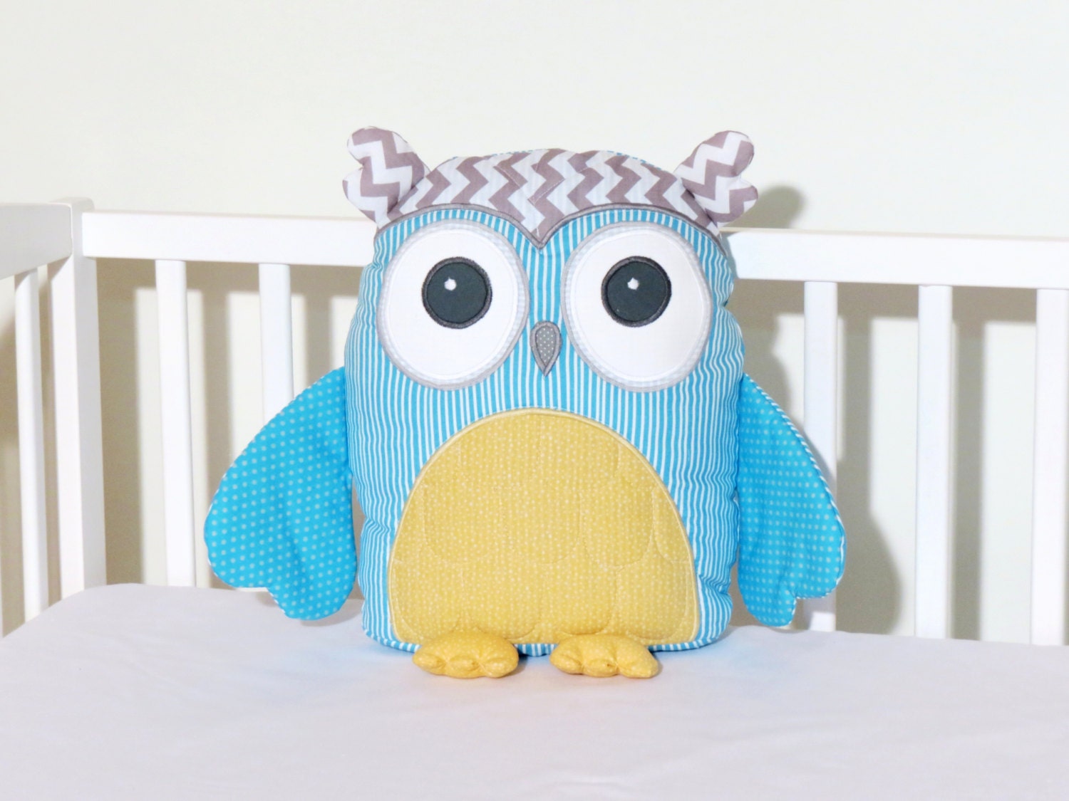 Stuffed Owl Pillow,  Custom  Owl,  Gender Neutral Owl, Accent Pillow, Gray Chevron, Aqua Blue, Custa