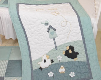 Unique Sheep Blanket for Baby Boy, Gift ideas, Lamb Quilting, Baby Shower Gift,  Teal geen Gray Patchwork Quilt, for New Baby,  Flat Pillow