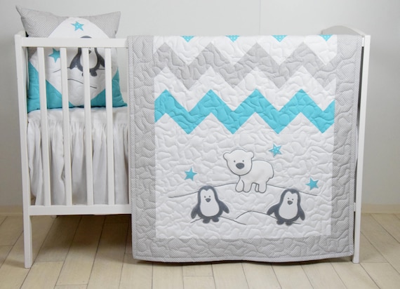 Penguin Baby Quilt Chevron Gray Aqua Toddler Blanket Etsy