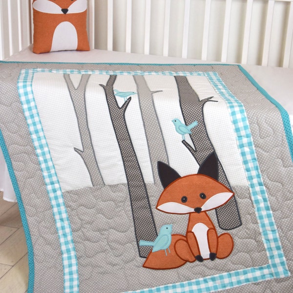 Fox Blanket, Teal Gray Nursery, Baby Boy Quilt, Woodland Crib Bedding, Forest Blanket,  Custom Made