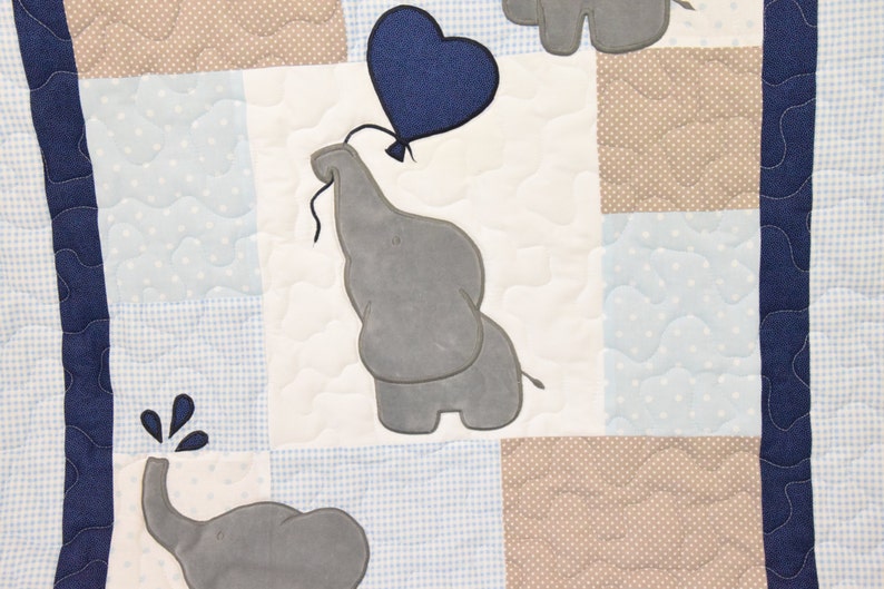 Baby Boy Quilt, Elephant Blanket, Blue Gray Navy Crib Bedding, Safari Nursery image 3