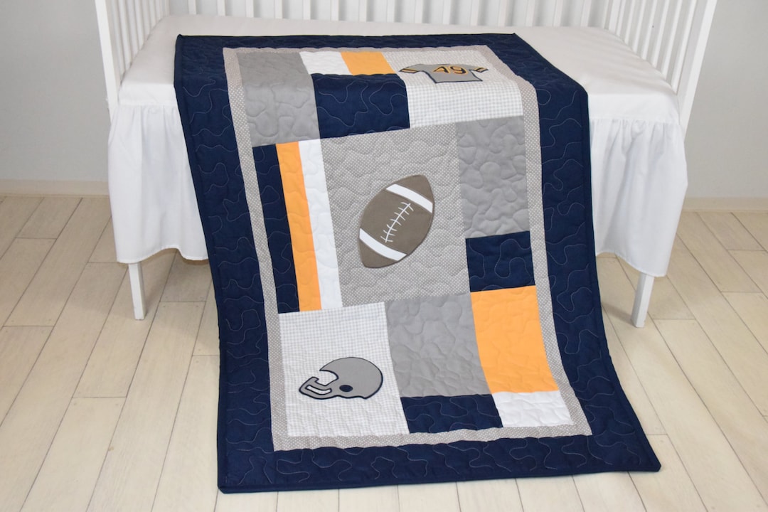 Football Blanket, Baby Boy Sports Crib Bedding, Gray Navy Yellow