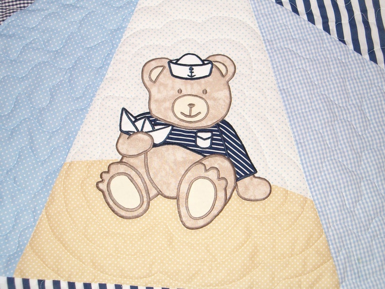 Blue Baby Quilt Set, Child Blanket, Hand Quilted Organic Kid's Blanket, Personalized Pillow, Appliqued Kid's Bedding image 3