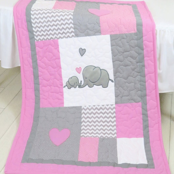 Elephant  Baby Blanket, Elephant Quilt Blanket, Pink Gray Chevron Baby Patchwork Blanket