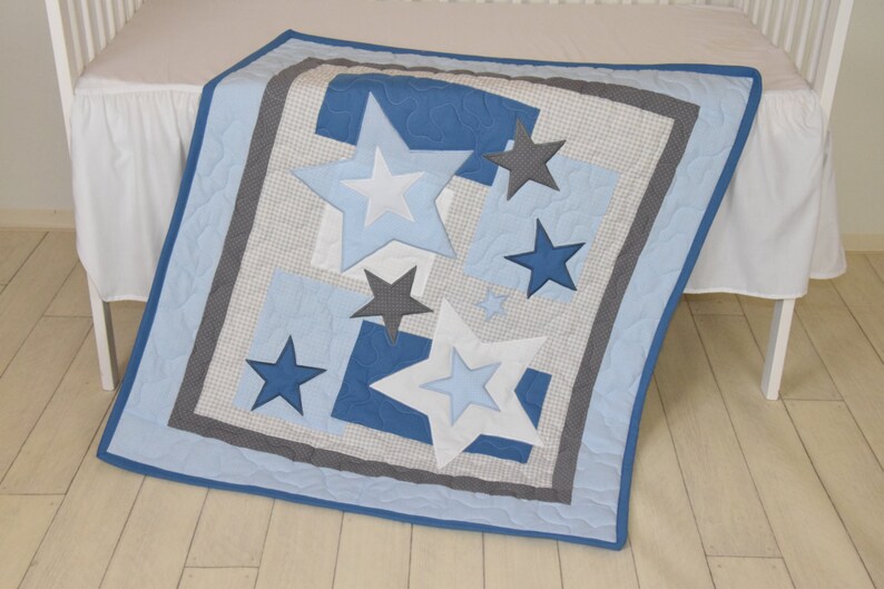 Star Baby Blanket Blue Gray Quilt Blanket Star Crib Bedding Etsy