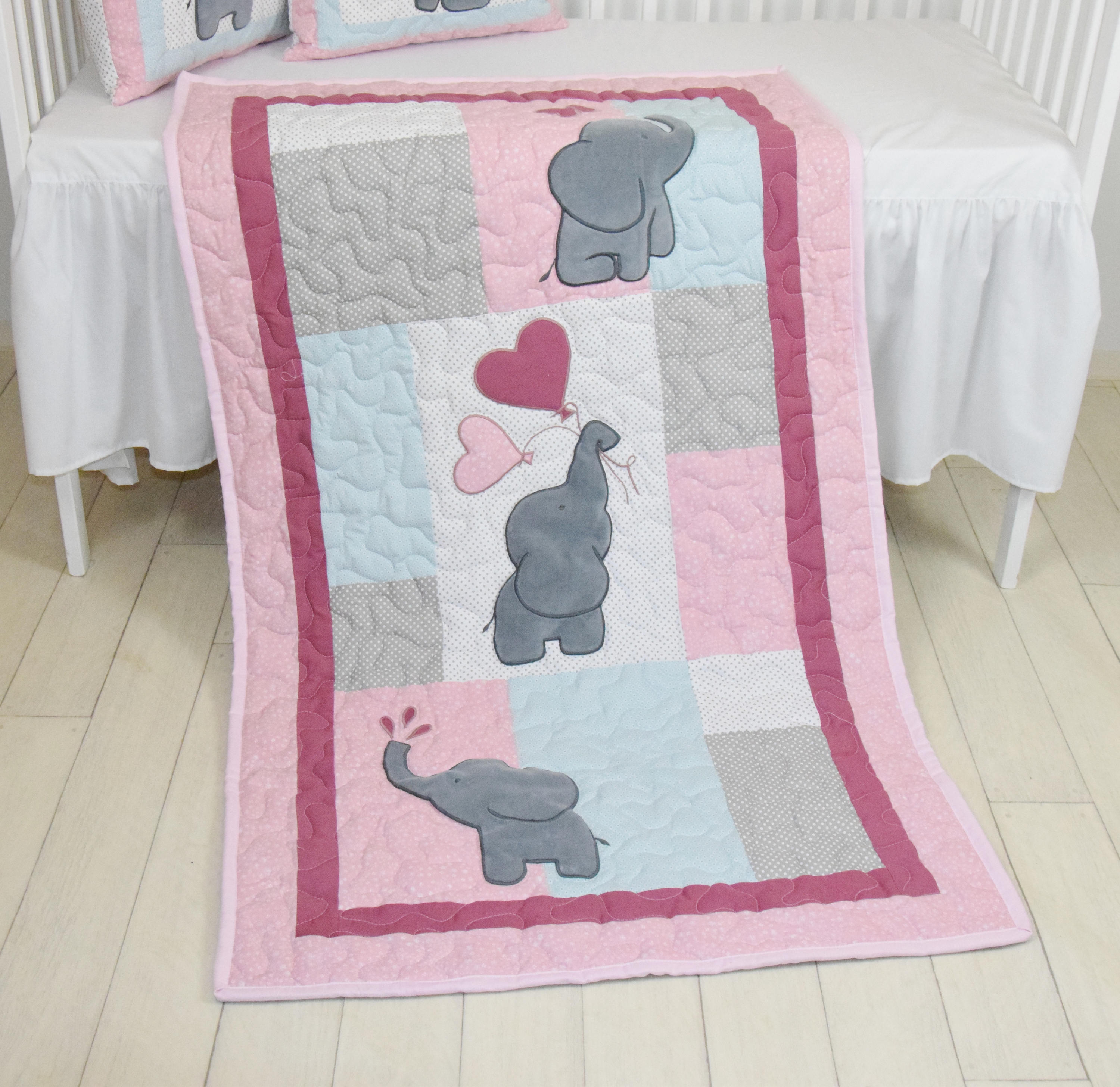 Pink Baby Quilt Elephant Blanket Pink Gray Blue Crib Bedding