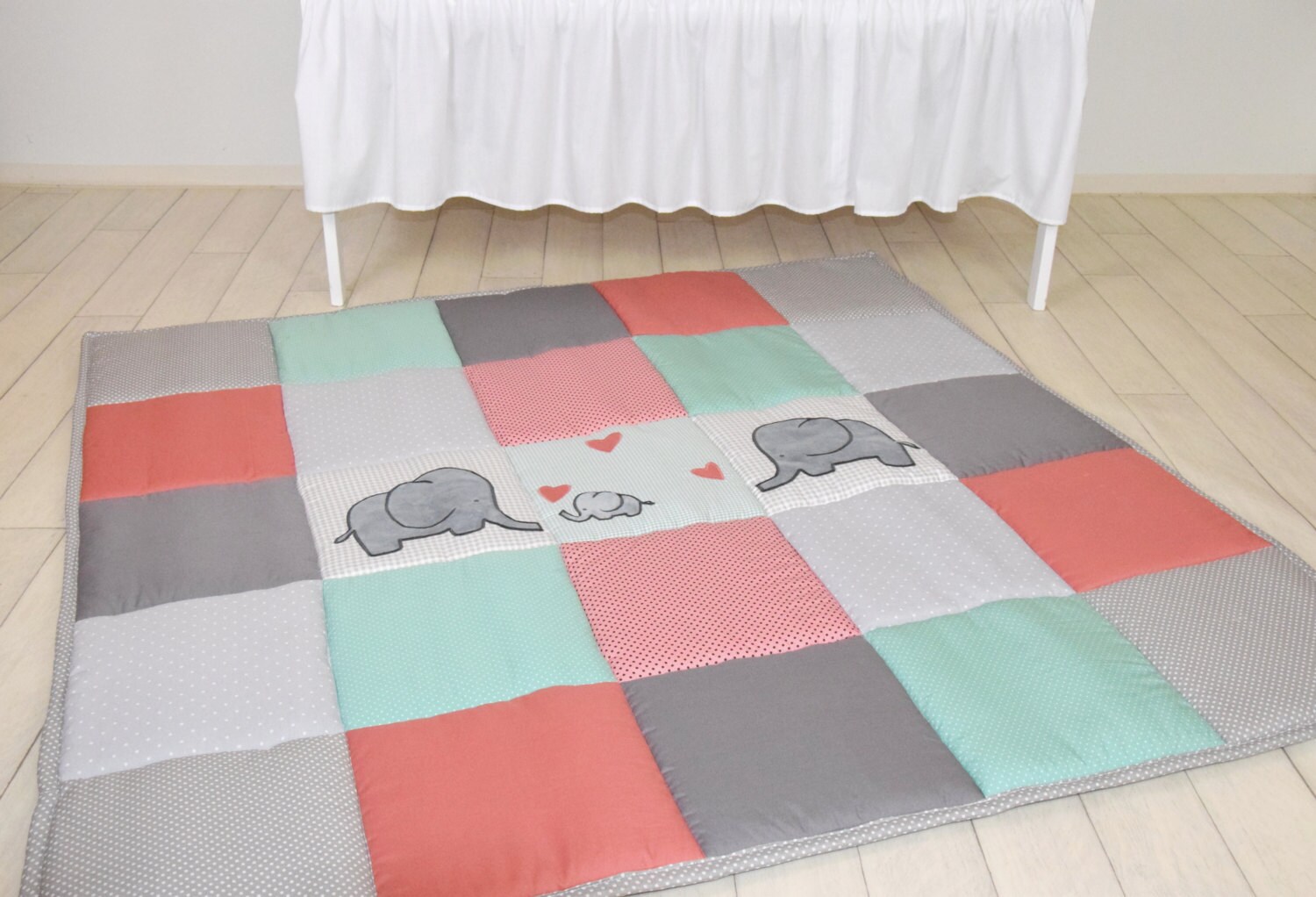 Elephant Playmat Mint Coral Gray Play Mat Floor Gym Crawl Mat