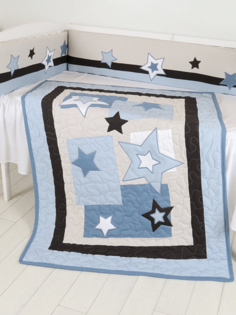 Star Baby Blanket Blue Brown Quilt Blanket Star Crib Bedding Etsy