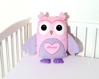 Owl Pillow, Custom Owl  Throw Pillow, Homemade Owl Pillow Pet, Monogrammed Baby Pillow , Designer Owl Pillow,  Purple-Pink