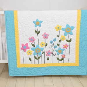 Flower baby quilt - yellow pink and aqua garden on light white,  hand embroidered, appliqued, art crib bedding handmade girl blanket