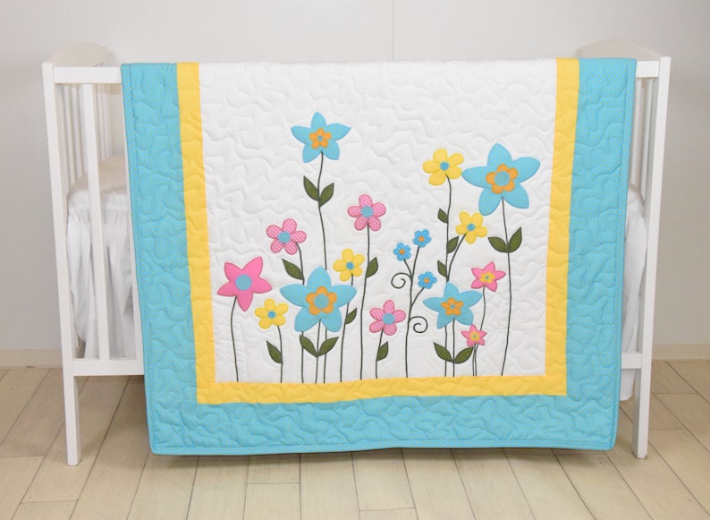Flower Baby Quilt Yellow Pink and Aqua Garden on Light Etsy Canada