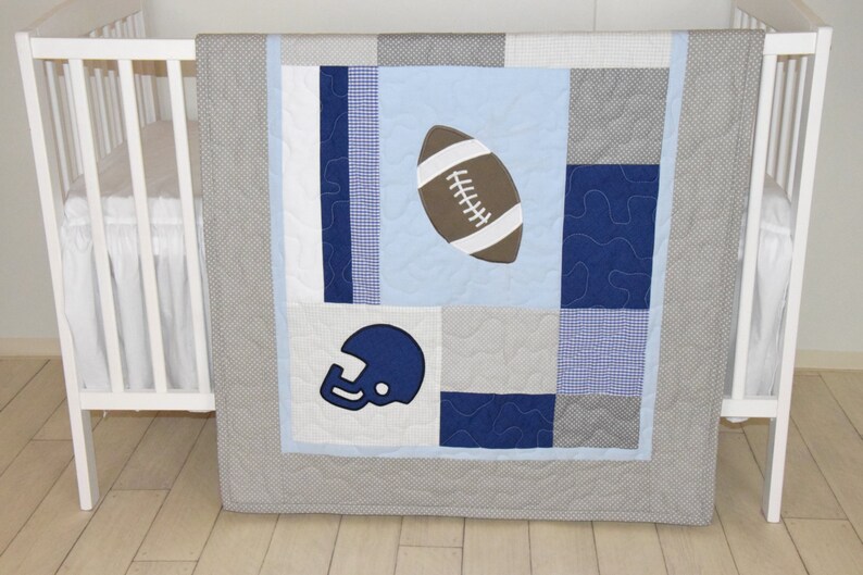 Football Blanket Baby Boy Sports Crib Bedding Gray Blue Etsy