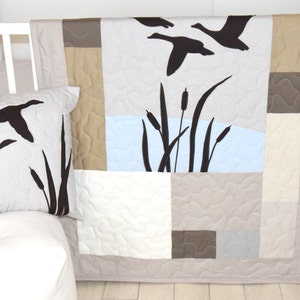 Duck Baby Quilt Hunting Theme Crib Bedding,  Hunter Nursery, Woodland Crib Bedding for Baby Boy, Forest Blanket,  gray, cream, beige, brown