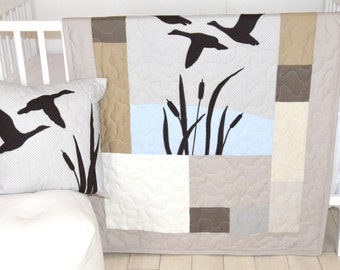 Duck Baby Quilt Hunting Theme Crib Bedding,  Hunter Nursery, Woodland Crib Bedding for Baby Boy, Forest Blanket,  gray, cream, beige, brown