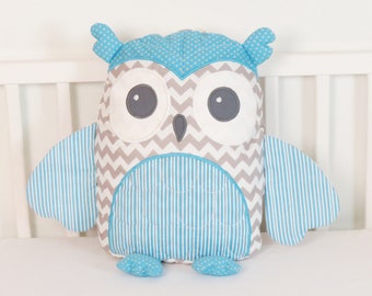 Unique Owl Baby Shower Gift for Baby Boy,  Blue Gray Owl Pillow, Personalized Baby Owl, Stuffed  Custom Owl Pillowcase, Monogrammed  Pillow