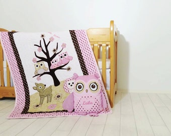 Organic Owl Quilt, Baby Girl Crib Bedding, Owl Pillow