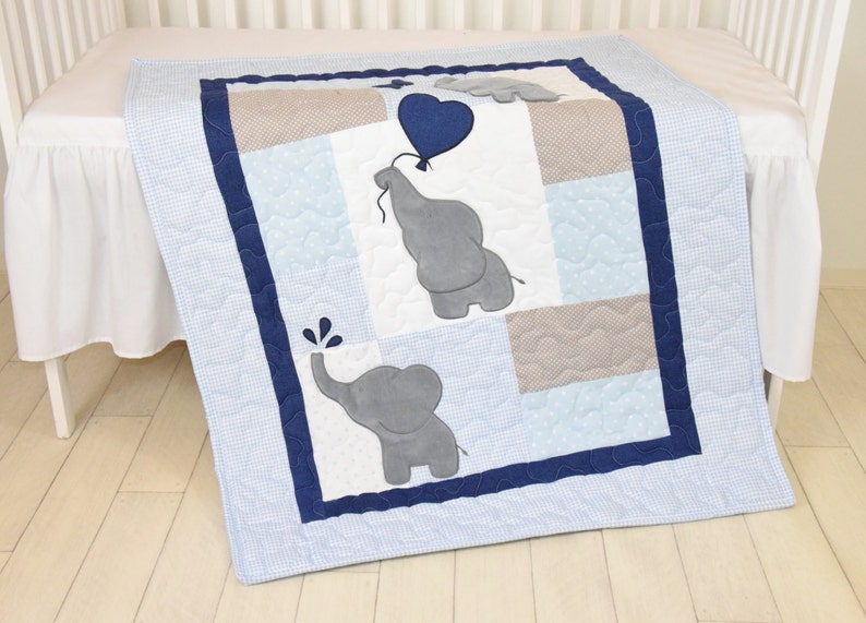 Baby Boy Quilt, Elephant Blanket, Blue Gray Navy Crib Bedding, Safari Nursery image 1