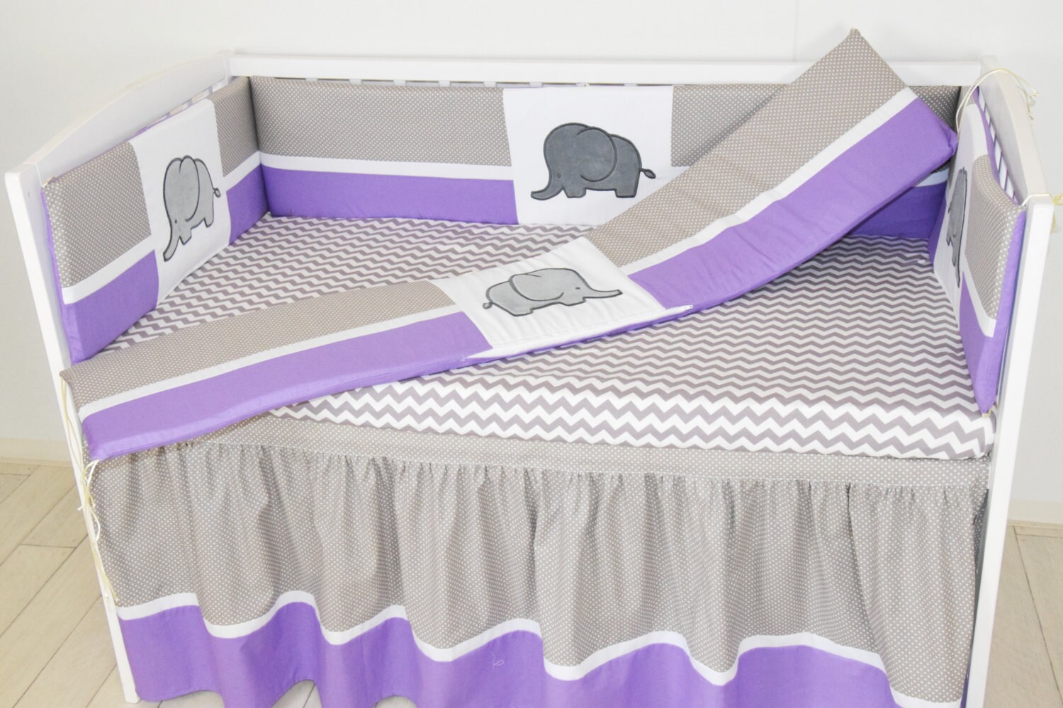 Crib Bumper Elephant Baby Boy Bedding Purple Gray White