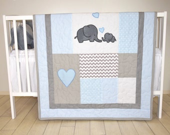 Elephant Baby Quilt, Blue Gray Crib Bedding, Chevron  Elephant Blanket, Grey Safari Nursery