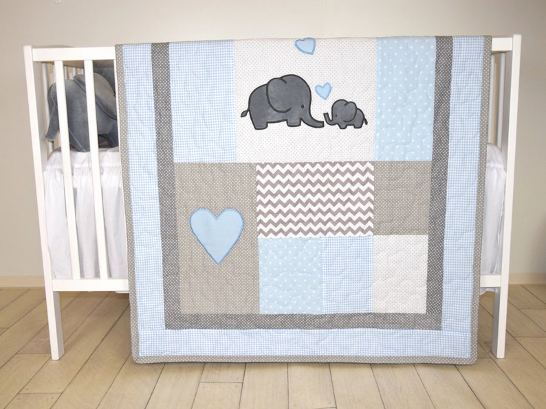 Elephant Baby Quilt Blue Gray Crib Bedding Chevron ...
