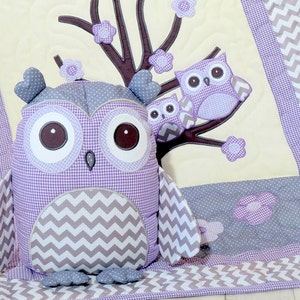 Organic Owl Quilt, Baby  Crib Bedding, Kids Blanket, Owl Pillow,  purple, grey chevron