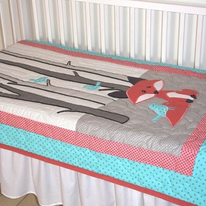 Fox Blanket, Baby Boy or Girl Crib Bedding, Personalized Fox Nursery Quilt, Boy Crib Bedding, Teal Coral Gray Forest Blanket image 5