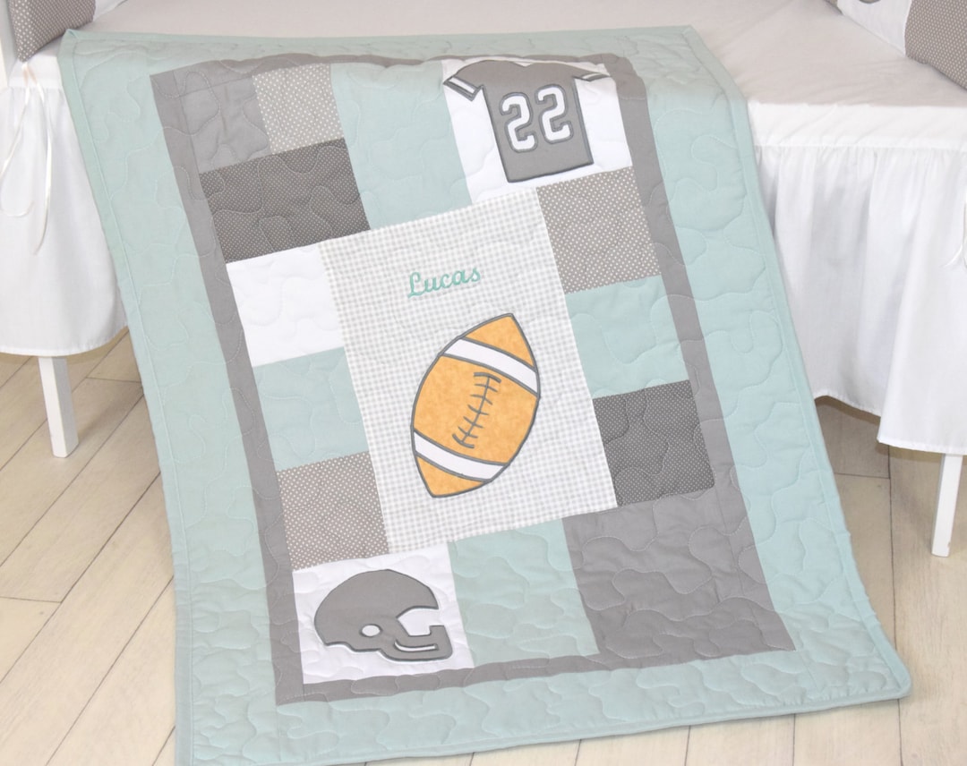 Football Blanket Baby Boy Sports Crib Bedding Gray Mint Etsy