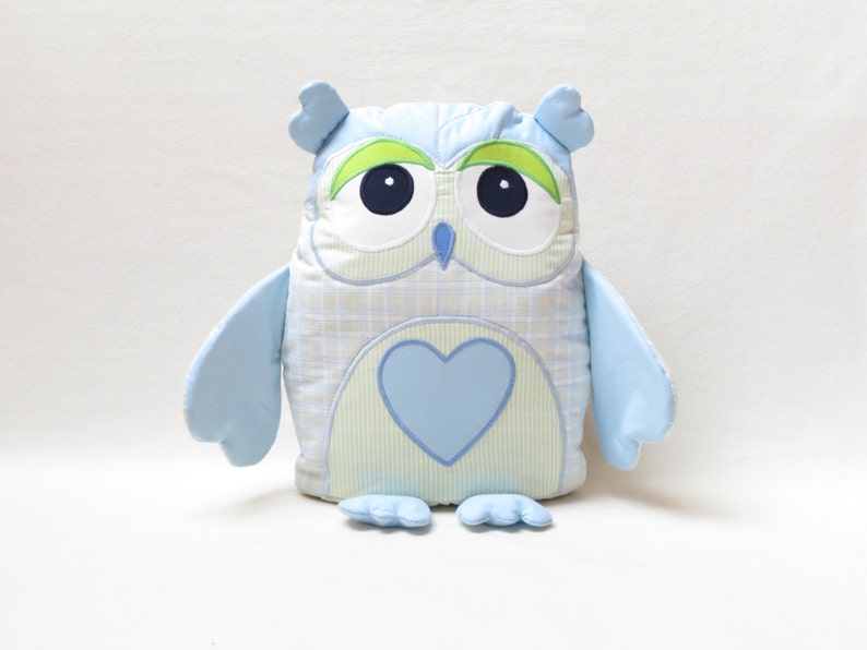 Decorative Owl, Stuffed Owl Pillow, Monogram Owl Pillow Case, Baby Blue and Lime Green Nursery image 1
