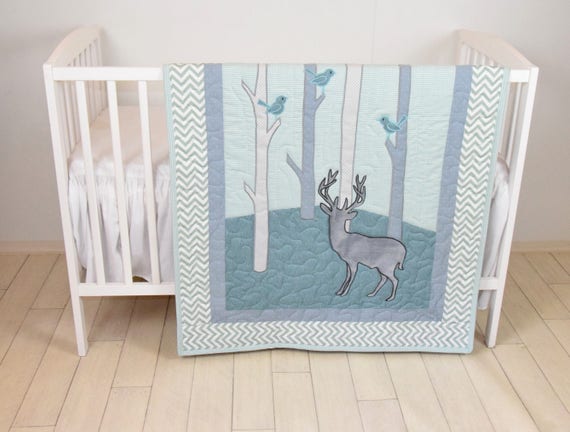 Woodland Blanket, Birch Tree Crib Quilt, Personalized Deer Crib