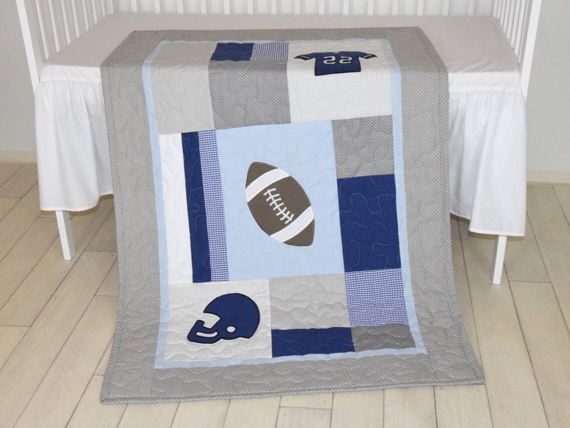 Football Blanket Baby Boy Sports Crib Bedding Gray Blue Etsy