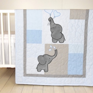 Baby  Boy Quilt,  Elephant Blanket, Blue Gray Crib Bedding, Safari Nursery