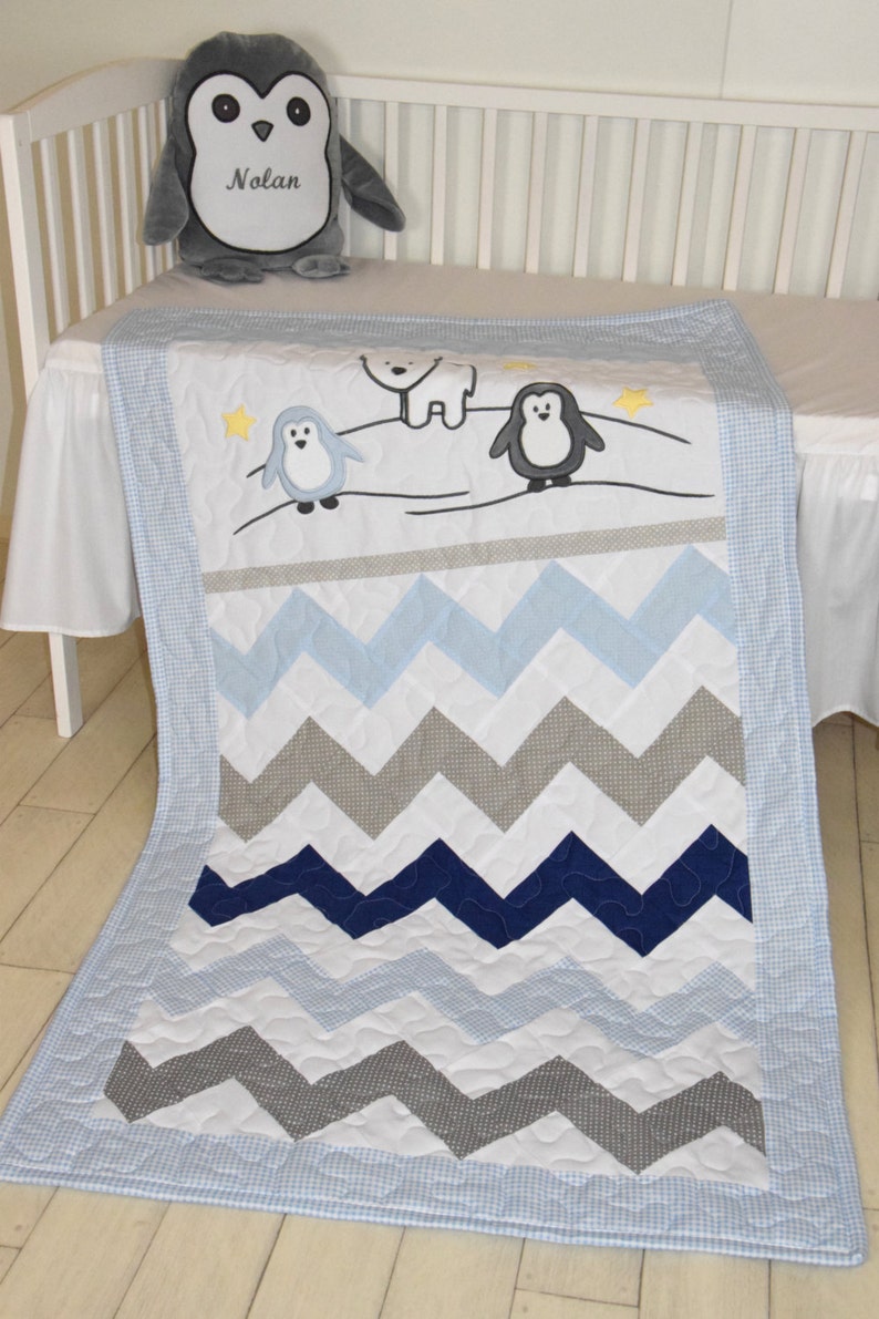Chevron Crib Bedding Penguin Baby Quilt Gray Navy Blue White Etsy