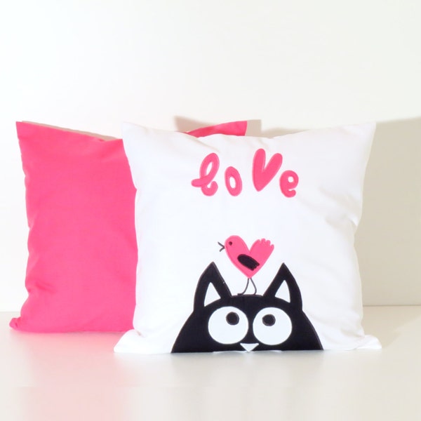 Cat Pillowcase, Pink Kitty Decorative Throw Pillows, Pink Chevron Pillow