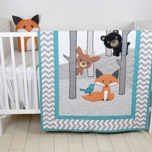 Woodland Blanket, Baby Boy or Girl Crib Bedding, Forest Nursery Quilt, Boy Crib Bedding, Cute  Fox,  Bear, Deer  Blanket
