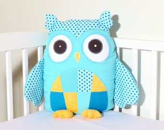 Stuffed Owl, Modern Custom Owl Pillow Case and Cushion, Plush Owl Toy, Aqua Yellow