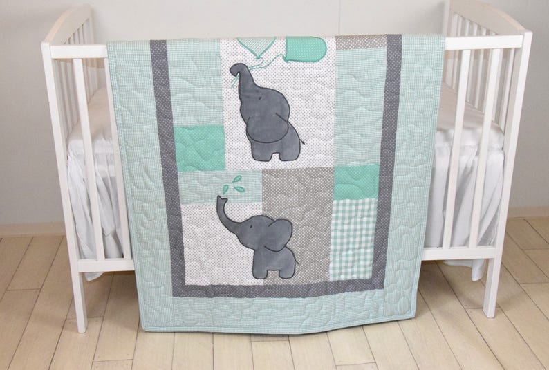 Baby Quilt Elephant Blanket Mint Green Gray Crib Bedding Safari Nursery