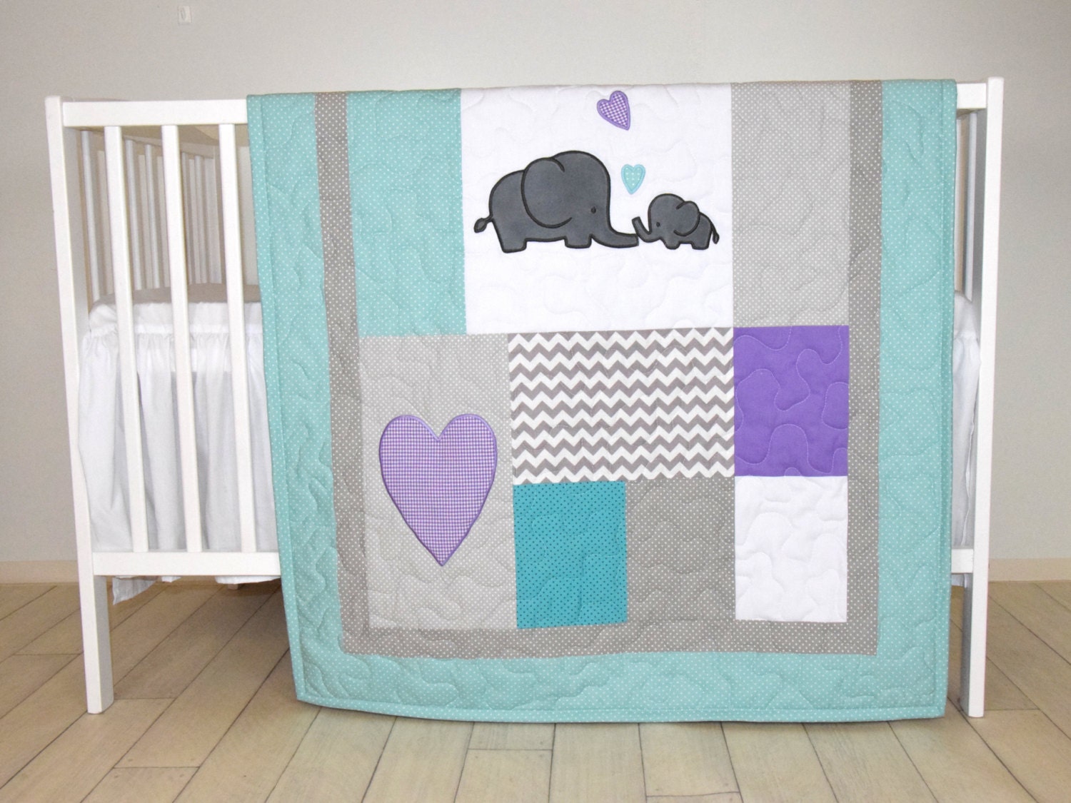Elephant Baby Quilt Teal Gray Purple Crib Bedding Gray Chevron