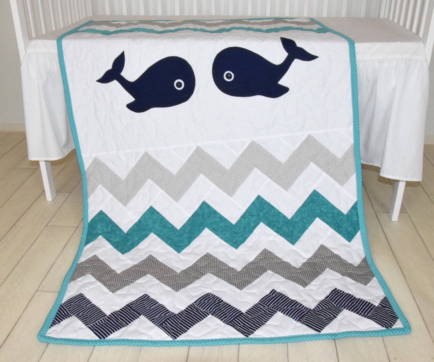 Nautical Baby Quilt Boy Blanket Whale Crib Bedding Chevron Nautical Baby Quilt Boy Blanket Whale Crib Bedding Chevron Navy Turquoise White Nursery