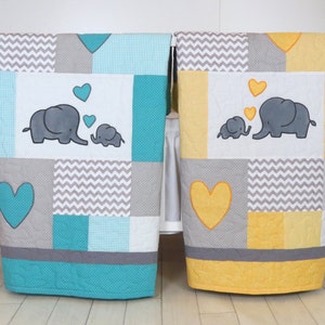Twin Baby Quilts , Elephant Crib Bedding,  Turquoise Blue  Yellow and Gray Blanket, Chevron  Blankets, Toddler Patchwork Bespreads