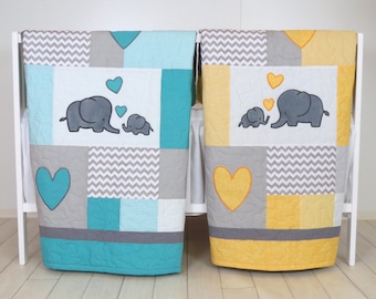 Twin Baby Quilts , Elephant Crib Bedding,  Turquoise Blue  Yellow and Gray Blanket, Chevron  Blankets, Toddler Patchwork Bespreads