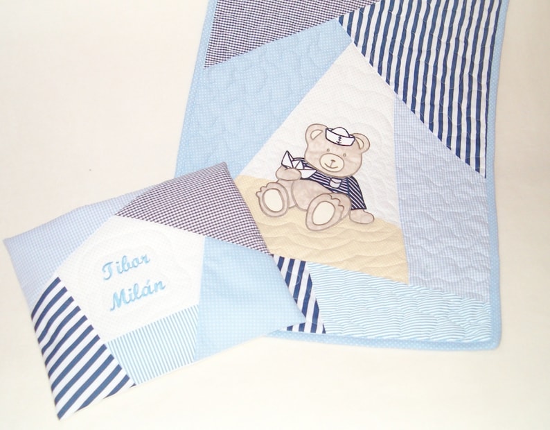 Blue Baby Quilt Set Child Blanket Hand Quilted Organic Etsy