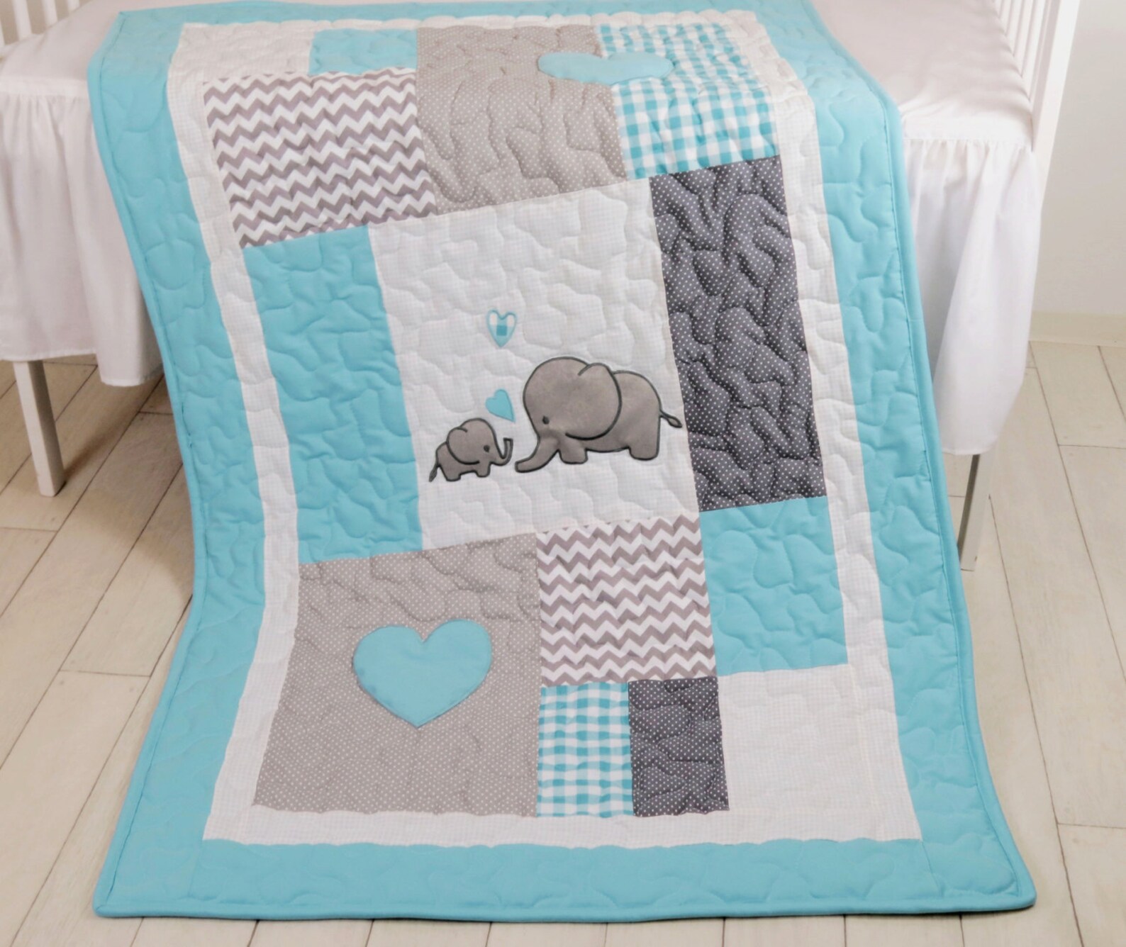 Aqua Gray Blanket Elephant Quilt Blanket Chevron Baby Etsy