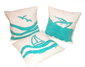 NAUTICAL  PILLOWCASES -  Turquoise and White- Nautical Ocean Beach Theme - HET