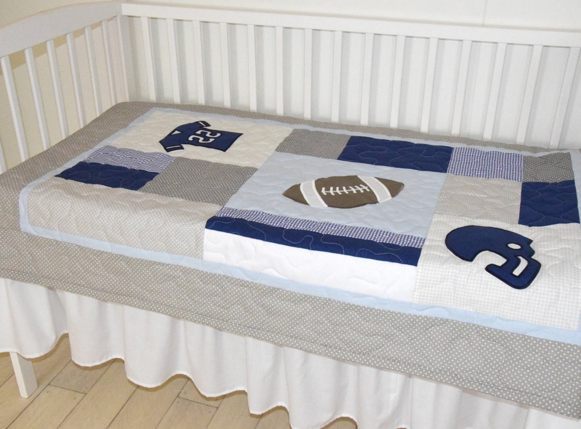 Football Blanket Baby Boy Sports Crib Bedding Gray Blue Etsy