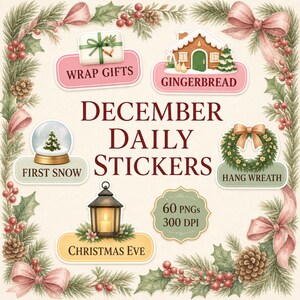 December Daily Stickers, 60 Christmas Planner PNG, Watercolor GoodNotes Digital Planner Set, Holiday Sublimation Designs, Commercial Use