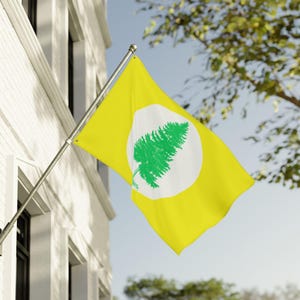 May include: A rectangular yellow flag attached to a metal pole. The flag features a large white circle in the center containing a detailed green illustration of a coniferous tree. The fabric of the flag shows gentle folds and ripples in the breeze.