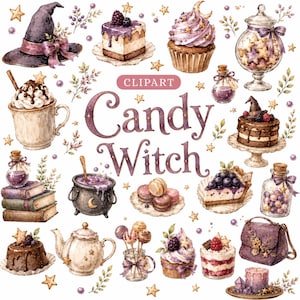 May include: A collection of watercolour illustrations featuring a witch hat, various cakes, cupcakes, a teapot, a cauldron, glass jars with sweets, a handbag, and books, centred around the purple text "CLIPART Candy Witch" on a white background.