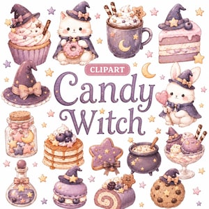 May include: A collection of illustrations featuring the text "CLIPART Candy Witch" surrounded by various items including a cupcake, a cat, a mug, a slice of cake, a jar, a rabbit, pancakes, a star cookie, a cauldron, a sundae, a potion bottle, a macaron, a cake roll, and a cookie, all decorated with purple witch hats and stars.